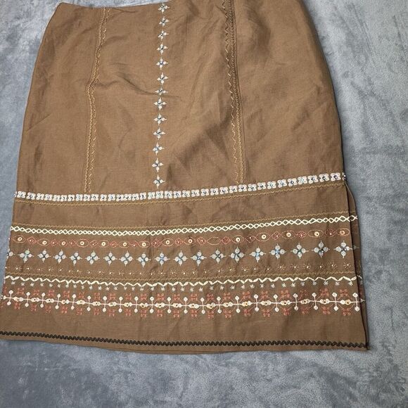 Talbots Sz 16 Linen Silk Blend Light Brown Floral Embroidered Side Slit Skirt - Picture 4 of 13